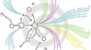 Dynamic data flow visualization with vibrant binary streams connecting abstract nodes