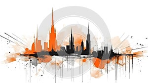 A dynamic depiction of a modern city skyline, with orange and black colors - Generative AI