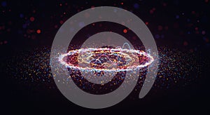 Vibrant Digital Particle Ring with Light Waves in Dark Background