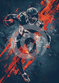 Dynamic digital artwork of an American football player in action, vivid red and black theme