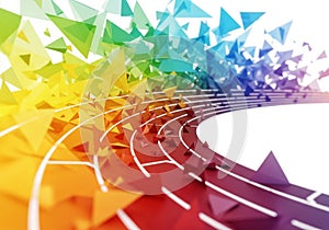 A dynamic digital artwork featuring an array of colorful, overlapping triangles