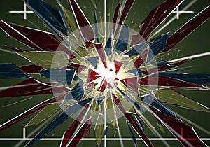 An explosion of sharp, angular shapes radiating outward from a bright