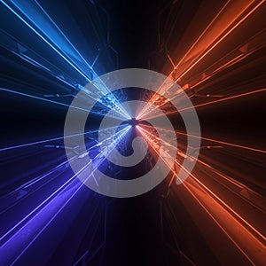 Dynamic digital artwork featuring a futuristic tunnel. The image is symmetrical, with