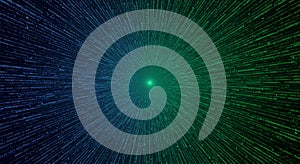 A dynamic digital background featuring lines of binary code radiating from a central