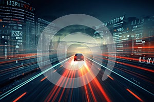 Dynamic digital binary code with cityscape and motion blur for ai big data visualization concept