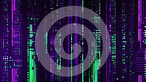 Dynamic digital cityscape with vibrant neon purple and green glowing data streams and abstract grid patterns