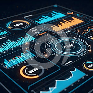 A dynamic digital data dashboard displaying various graphs, charts, and statistics, illustrating business analytics and