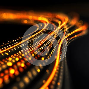Dynamic Digital Data Stream Flowing with Vibrant Orange and Blue Binary Code, Representing Innovation and Future Technology