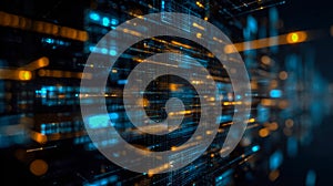 Dynamic digital data visualization with glowing blue and orange elements