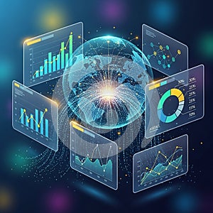 Global data analytics visualization with charts and graphs in futuristic digital interface