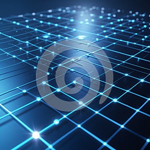 A dynamic digital grid with interconnected lines and glowing nodes on a dark surface,