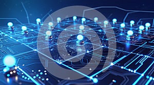 A dynamic digital grid with interconnected lines and glowing nodes on a dark surface,