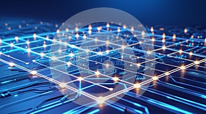 A dynamic digital grid with interconnected lines and glowing nodes on a dark surface,