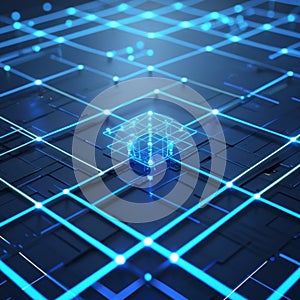 A dynamic digital grid with interconnected lines and glowing nodes on a dark surface,