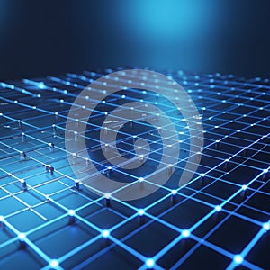 A dynamic digital grid with interconnected lines and glowing nodes on a dark surface,