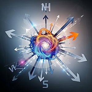 A dynamic digital illustration featuring a central swirling vortex