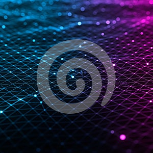 A dynamic, digital landscape featuring a grid of interconnected lines forming a