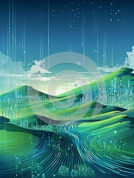 Dynamic Digital Landscape with Flowing Lines of Code - An Illustration for Cybersecurity and IoT