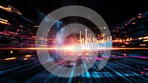 Dynamic digital landscape showcasing vibrant data visualization and energy fluctuations in 4K