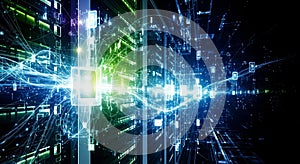 Dynamic digital network visualization within a futuristic server environment, symbolizing advanced technology, data processing,