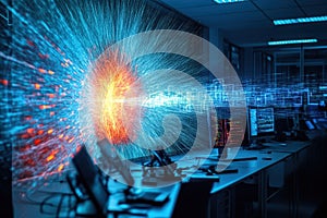 Dynamic digital space showcasing technology and data flow in a modern office environment