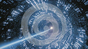 Digital Tunnel of Glowing Blue Binary Code and Light Beam Representing Data Flow