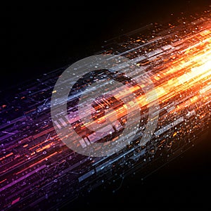 Dynamic digital visualization featuring vibrant streams of light and data moving