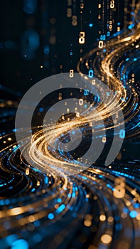 A dynamic digital wave composed of glowing binary code and light trails symbolizing data flow and connectivity in a futuristic