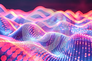 Dynamic digital waves with glowing blue and pink particles, representing modern technology and connectivity.