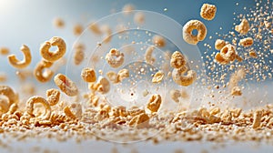 A dynamic display of cereal pieces in mid-air, showcasing texture and motion