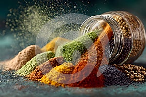 Vibrant Spices Explosion: Colorful Culinary Art for Kitchen Decor and Recipe Design Generative AI