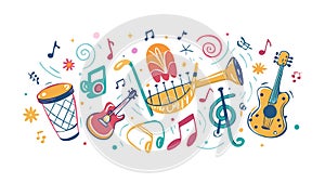 Dynamic Doodle Art of Musical Instruments and Notes, vector design Generative AI