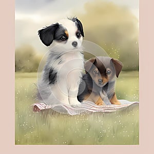 Dynamic Duo - Two Precious Watercolor Puppies in a Garden Setting photo
