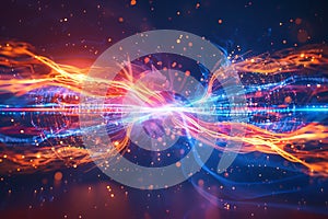 Dynamic energy streams converging in burst of light, abstract technology background with vibrant colors