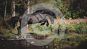 Dynamic Equine Elegance: Majestic Black Stallion Leaping Over Babbling Creek