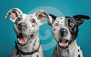 Dynamic and Exaggerated Facial Expressions of Two Dogs on Blue Background for Invitations and Posters.