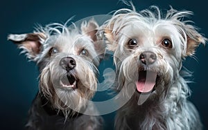 Dynamic and Exaggerated Facial Expressions of Two Dogs on Blue Background for Invitations and Posters.