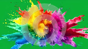 Dynamic explosion colored powder against green screen chromakey background. Abstract backdrop with paint cloud