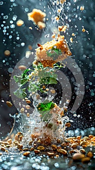 Dynamic Explosion of Fresh Ingredients for Cooking with Vibrant Parsley Leaves, Spices, and Water Splashes on a Moody Background