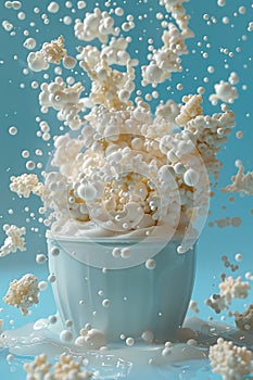 Dynamic Explosion of Popcorn Kernels and Flying Milk Drops Against Serene Blue Background