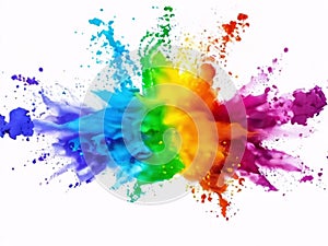 Dynamic explosion of rainbow-colored dust. Explosive burst of colored paint powder in rainbow hues isolated on white