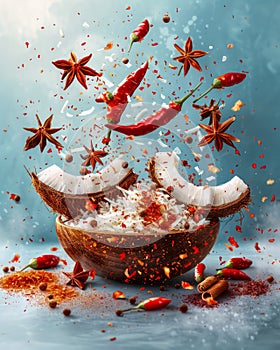Dynamic Explosion of Spices and Coconut Half with Rice Levitation on Blue Background