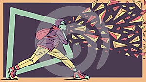 Dynamic Figure with Exploding Geometric Shapes, Energy Art, vector design Generative AI