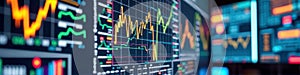 Dynamic financial data display with colorful line graphs and charts on monitors