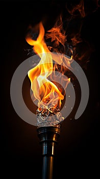 Dynamic fire torch, close up on black, radiating intense luminosity