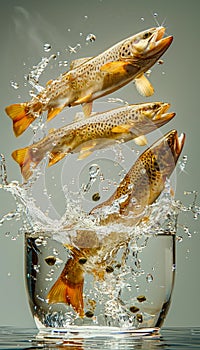 Dynamic Fish Jumping with Splashing Water in a Clear Glass on a Neutral Background