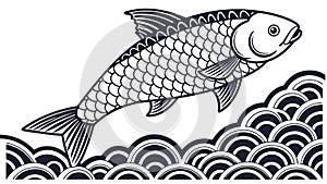 Dynamic Fish Over Stylized Japanese Wave Pattern, vector design Generative AI