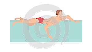 Dynamic and fit swimmer in cap breathing performing butterfly stroke pool sport vector illustration.