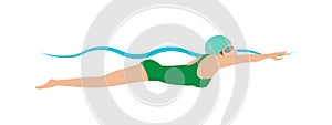 Dynamic and fit swimmer in cap breathing performing butterfly stroke pool sport vector illustration.