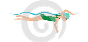 Dynamic and fit swimmer in cap breathing performing butterfly stroke pool sport vector illustration.